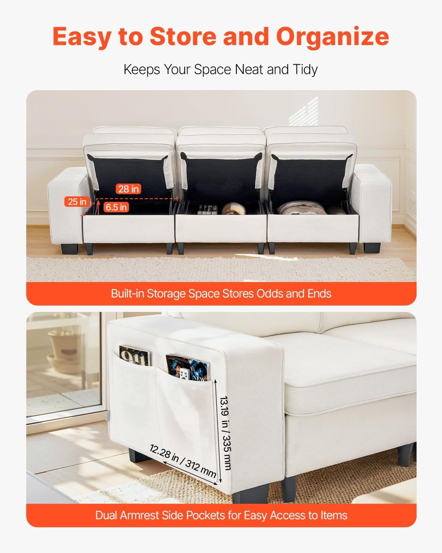 image-VEVOR 100-Inch Modular 3-Seater Sofa – Comfy Couch with Deep Seats & Hidden Storage, Modern Design for Living Room, Apartment, or Office, White