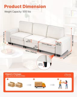 image-VEVOR 100-Inch Modular 3-Seater Sofa – Comfy Couch with Deep Seats & Hidden Storage, Modern Design for Living Room, Apartment, or Office, White
