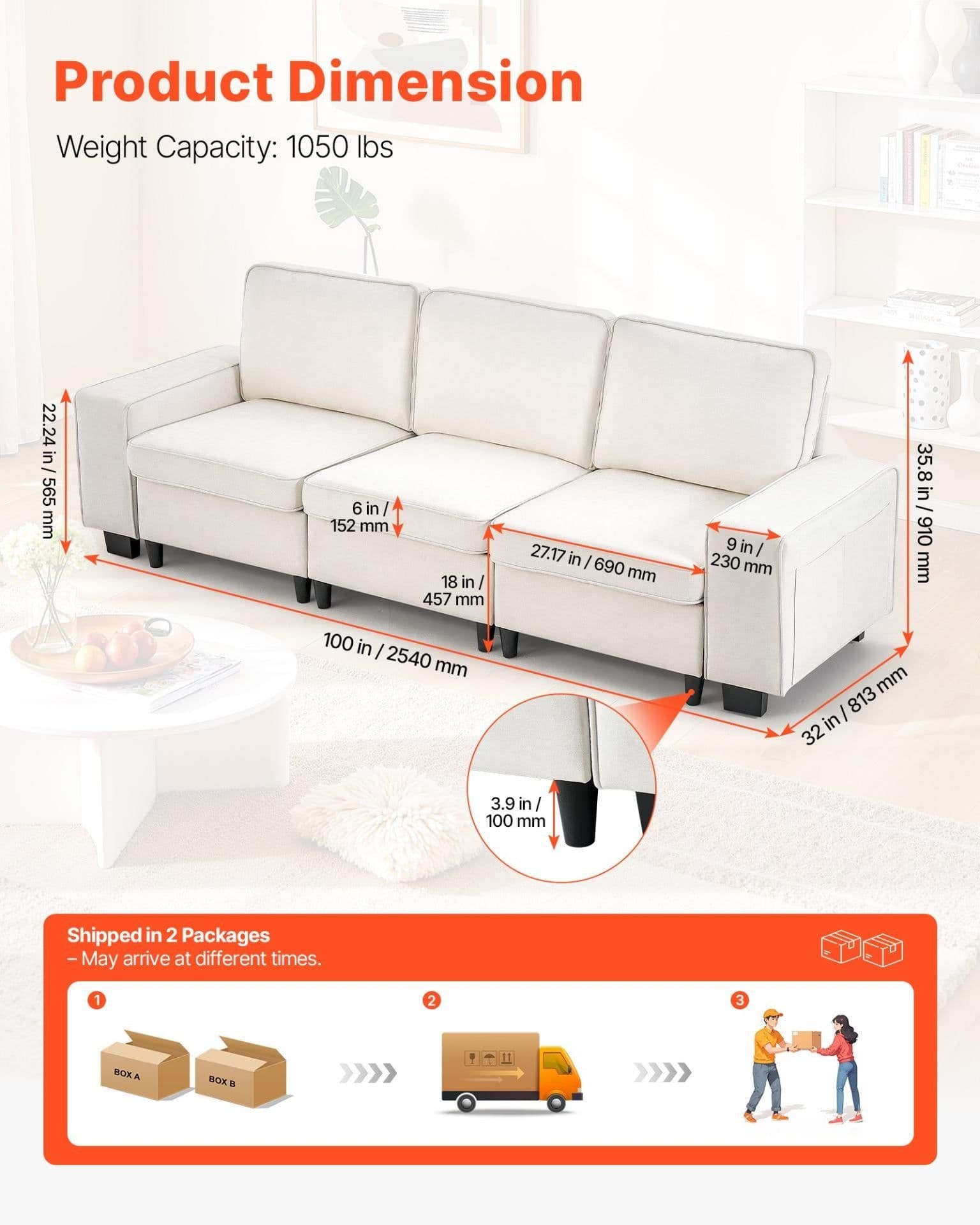 image-VEVOR 100-Inch Modular 3-Seater Sofa – Comfy Couch with Deep Seats & Hidden Storage, Modern Design for Living Room, Apartment, or Office, White