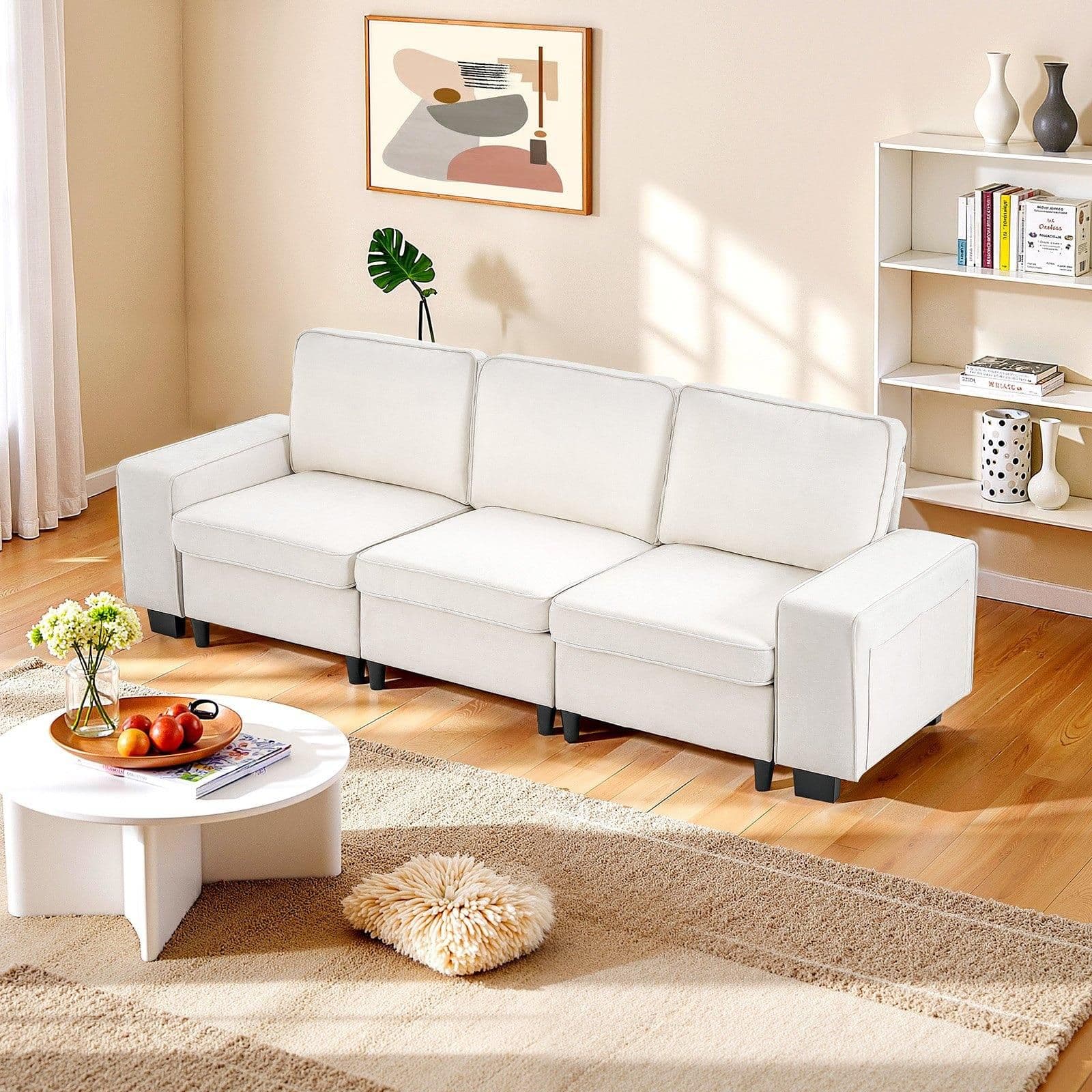 image-VEVOR 100-Inch Modular 3-Seater Sofa – Comfy Couch with Deep Seats & Hidden Storage, Modern Design for Living Room, Apartment, or Office, White