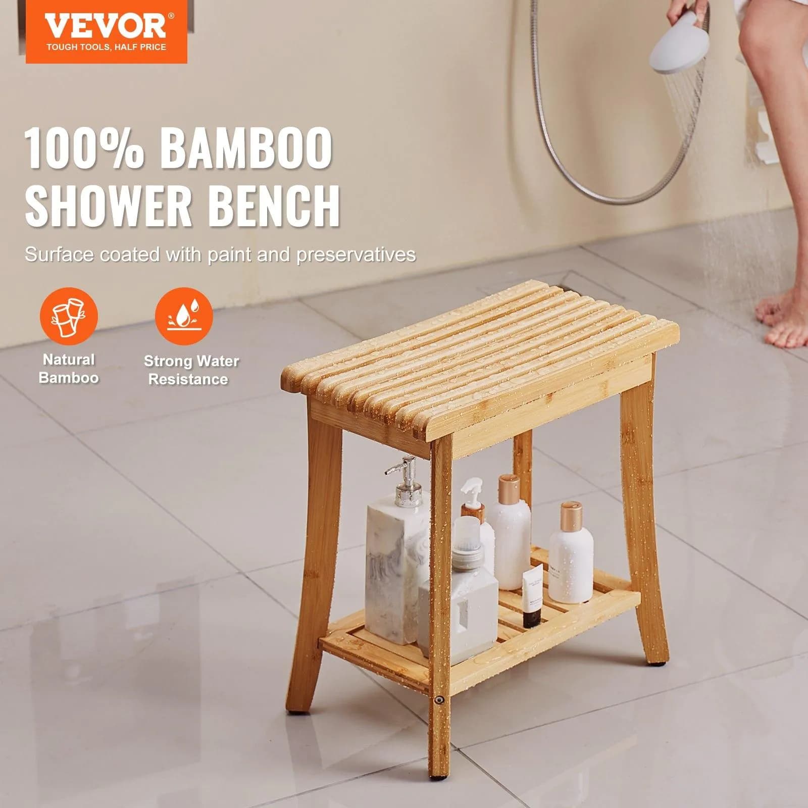 image-VEVOR Bamboo Shower Bench, 19.1 x 11.3 x 18.3 in, Waterproof Shower Stool Chair with Storage Shelf, 330lbs Load Capacity Spa Bath Seat Organizer, for Adults Seniors Women Elderly Indoor Outdoor