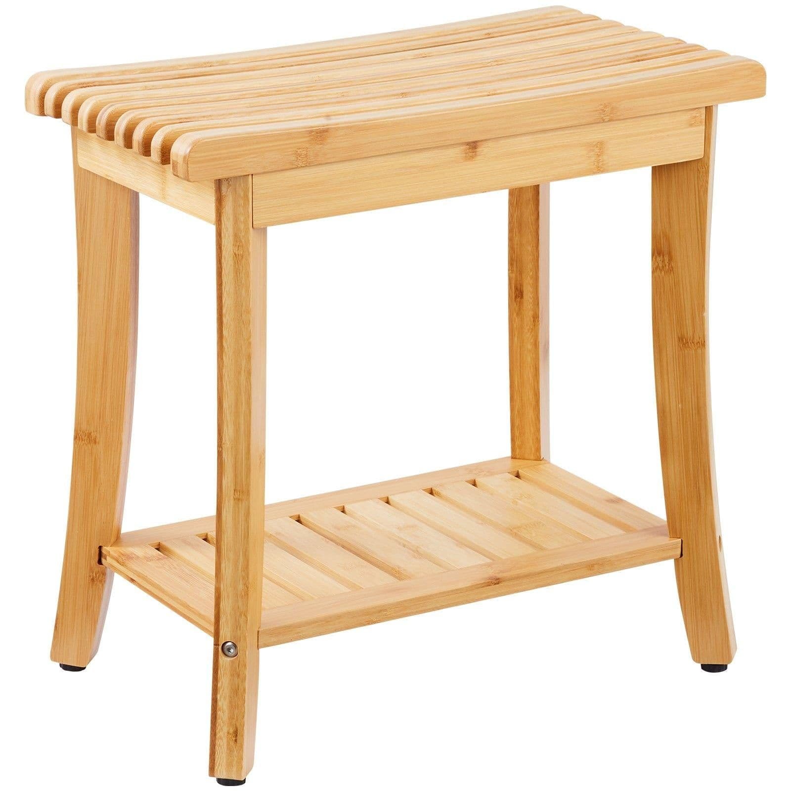 image-VEVOR Bamboo Shower Bench, 19.1 x 11.3 x 18.3 in, Waterproof Shower Stool Chair with Storage Shelf, 330lbs Load Capacity Spa Bath Seat Organizer, for Adults Seniors Women Elderly Indoor Outdoor