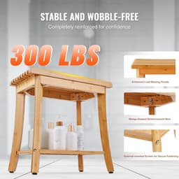 image-VEVOR Bamboo Shower Bench, 19.1 x 11.3 x 18.3 in, Waterproof Shower Stool Chair with Storage Shelf, 330lbs Load Capacity Spa Bath Seat Organizer, for Adults Seniors Women Elderly Indoor Outdoor