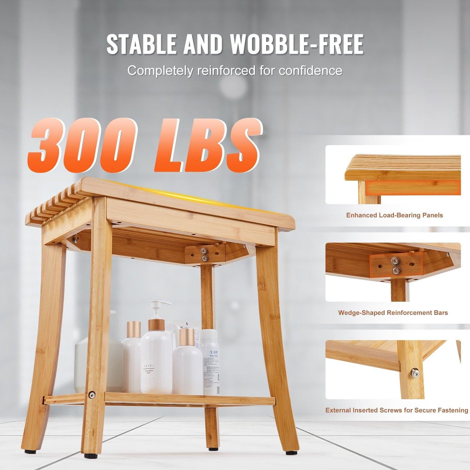 image-VEVOR Bamboo Shower Bench, 19.1 x 11.3 x 18.3 in, Waterproof Shower Stool Chair with Storage Shelf, 330lbs Load Capacity Spa Bath Seat Organizer, for Adults Seniors Women Elderly Indoor Outdoor