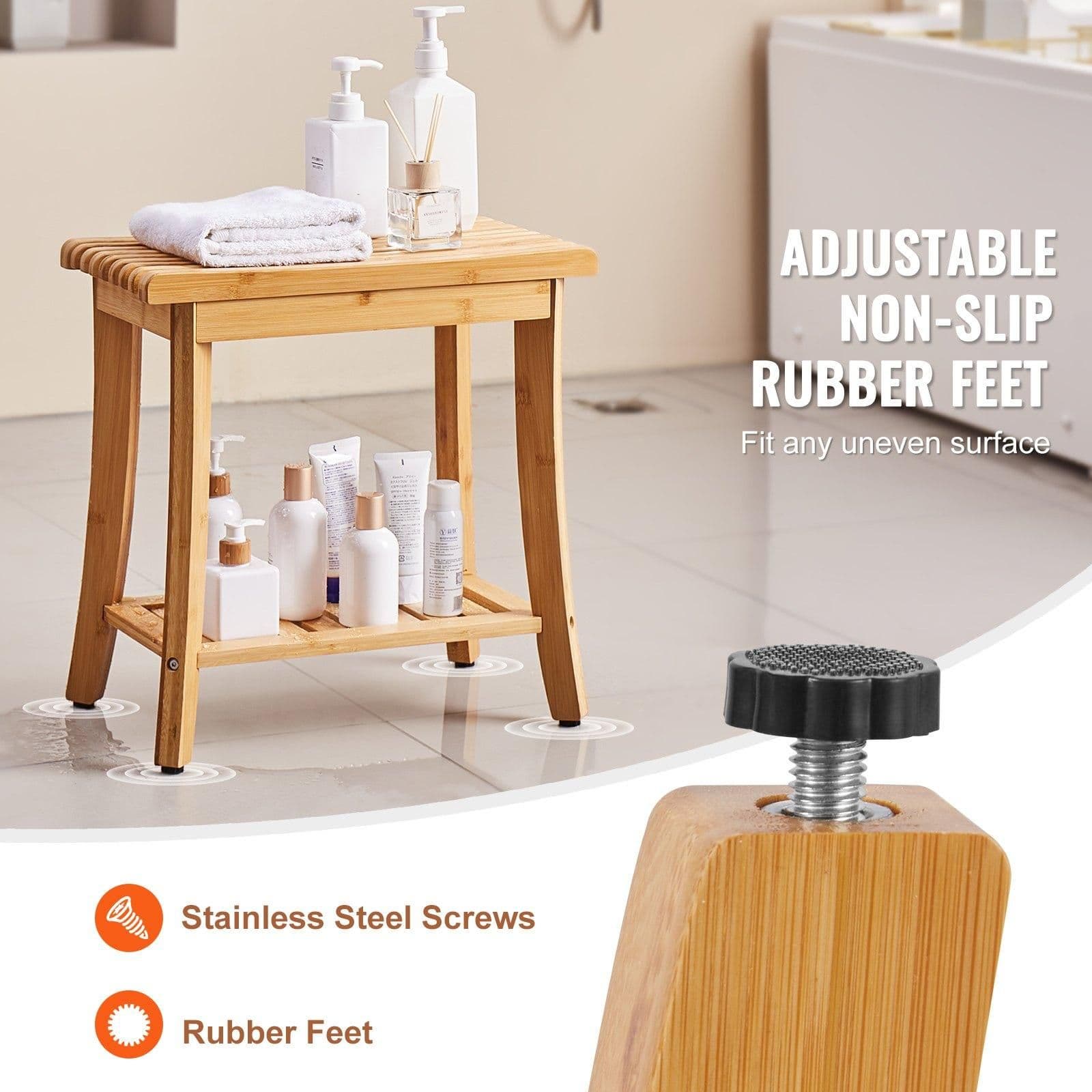 image-VEVOR Bamboo Shower Bench, 19.1 x 11.3 x 18.3 in, Waterproof Shower Stool Chair with Storage Shelf, 330lbs Load Capacity Spa Bath Seat Organizer, for Adults Seniors Women Elderly Indoor Outdoor