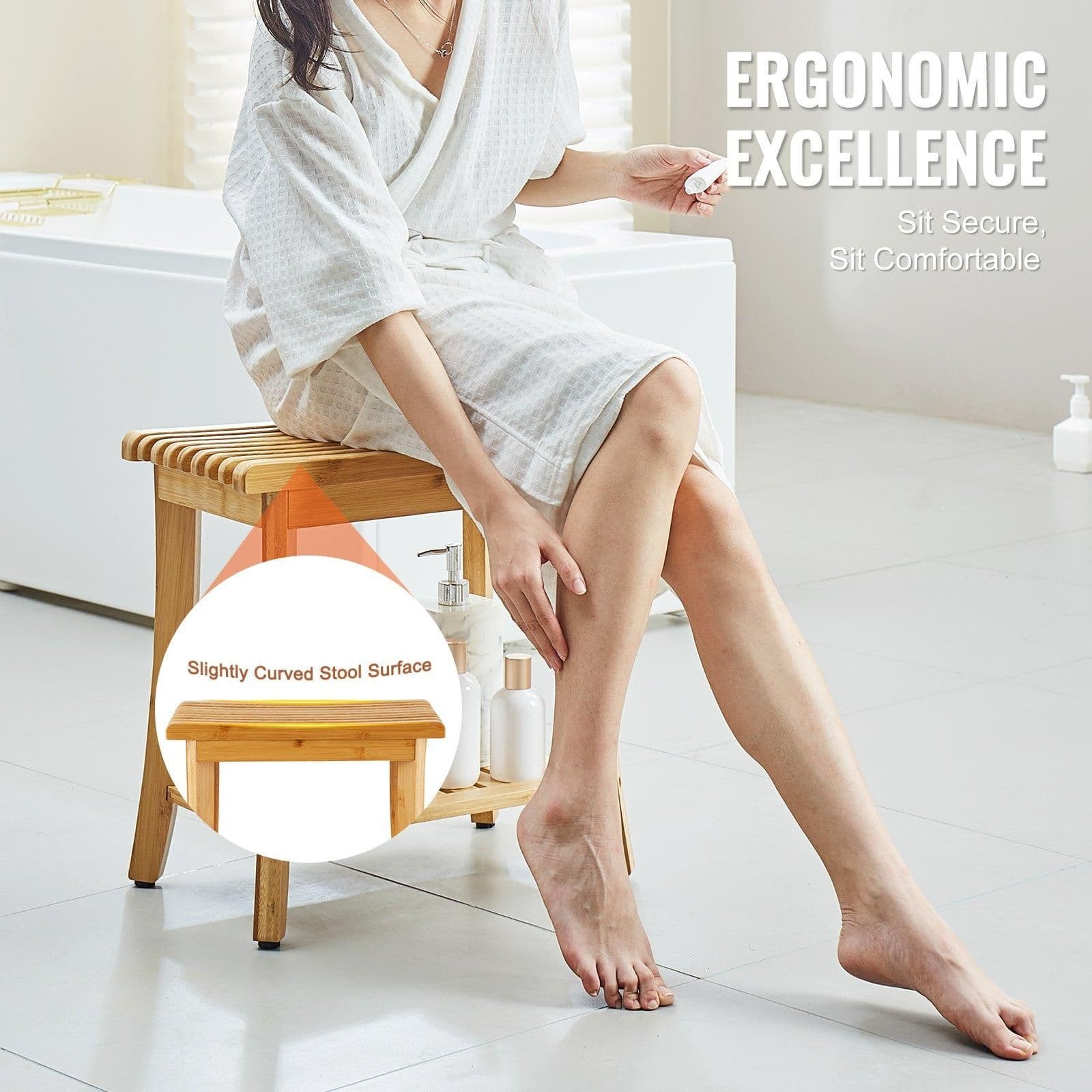image-VEVOR Bamboo Shower Bench, 19.1 x 11.3 x 18.3 in, Waterproof Shower Stool Chair with Storage Shelf, 330lbs Load Capacity Spa Bath Seat Organizer, for Adults Seniors Women Elderly Indoor Outdoor