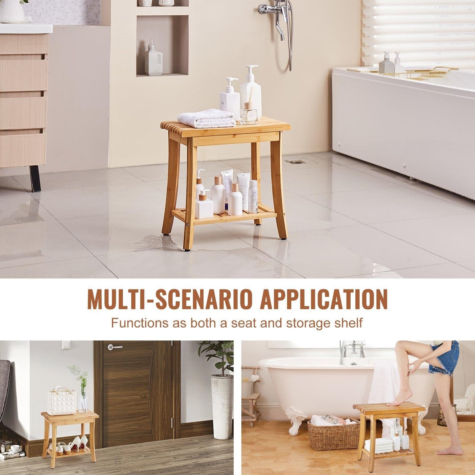image-VEVOR Bamboo Shower Bench, 19.1 x 11.3 x 18.3 in, Waterproof Shower Stool Chair with Storage Shelf, 330lbs Load Capacity Spa Bath Seat Organizer, for Adults Seniors Women Elderly Indoor Outdoor