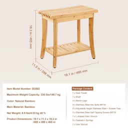 image-VEVOR Bamboo Shower Bench, 19.1 x 11.3 x 18.3 in, Waterproof Shower Stool Chair with Storage Shelf, 330lbs Load Capacity Spa Bath Seat Organizer, for Adults Seniors Women Elderly Indoor Outdoor