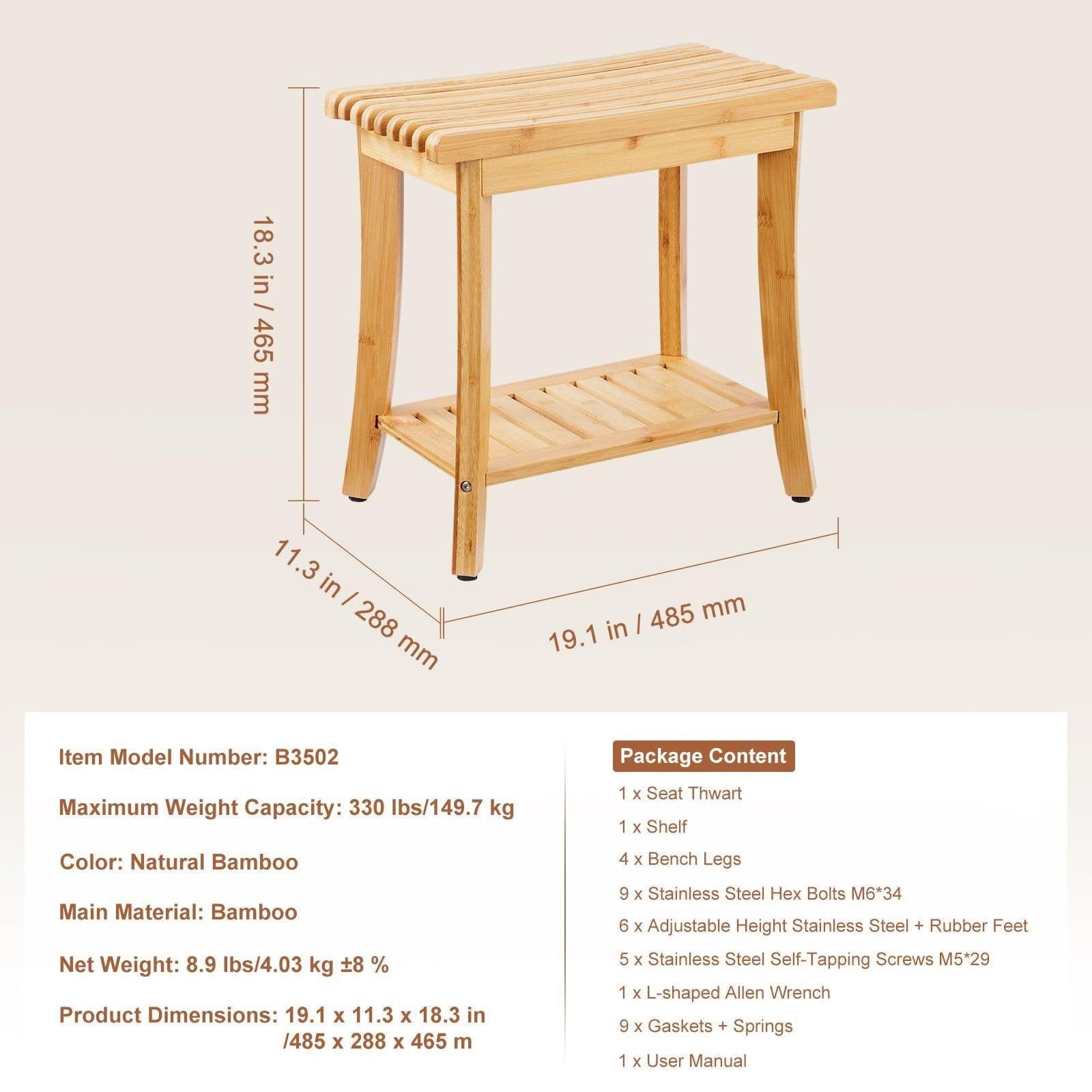 image-VEVOR Bamboo Shower Bench, 19.1 x 11.3 x 18.3 in, Waterproof Shower Stool Chair with Storage Shelf, 330lbs Load Capacity Spa Bath Seat Organizer, for Adults Seniors Women Elderly Indoor Outdoor