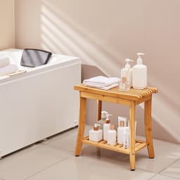image-VEVOR Bamboo Shower Bench, 19.1 x 11.3 x 18.3 in, Waterproof Shower Stool Chair with Storage Shelf, 330lbs Load Capacity Spa Bath Seat Organizer, for Adults Seniors Women Elderly Indoor Outdoor