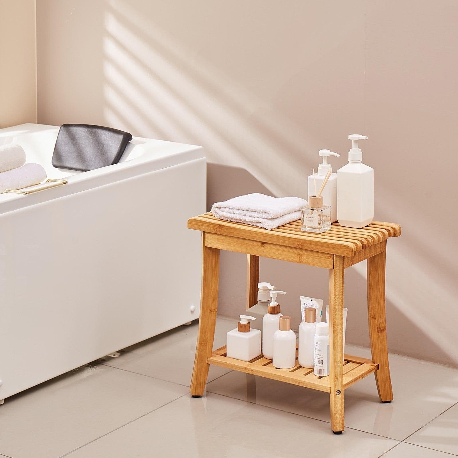 image-VEVOR Bamboo Shower Bench, 19.1 x 11.3 x 18.3 in, Waterproof Shower Stool Chair with Storage Shelf, 330lbs Load Capacity Spa Bath Seat Organizer, for Adults Seniors Women Elderly Indoor Outdoor