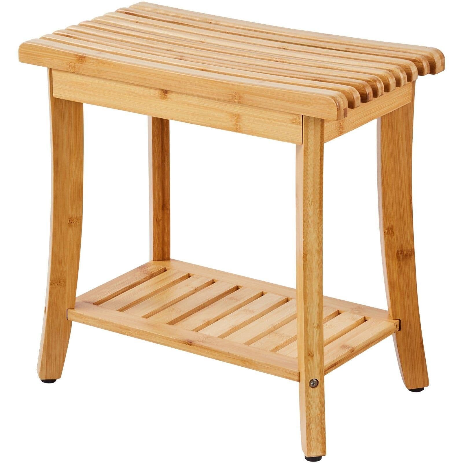 image-VEVOR Bamboo Shower Bench, 19.1 x 11.3 x 18.3 in, Waterproof Shower Stool Chair with Storage Shelf, 330lbs Load Capacity Spa Bath Seat Organizer, for Adults Seniors Women Elderly Indoor Outdoor