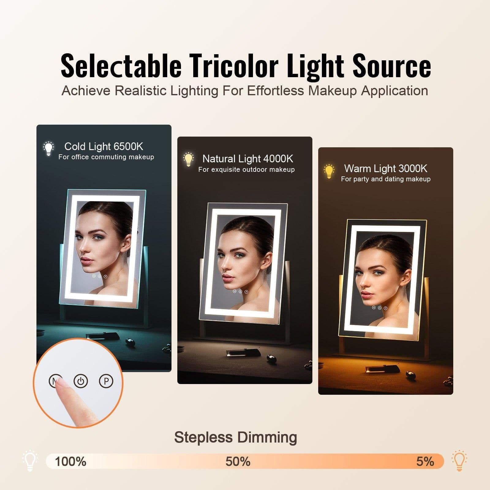 image-VEVOR Vanity Mirror with Lights, Three Color Lighting Modes, Lighted Makeup LED Mirror, and 5X Magnification Mirror, Smart Touch Control, 360°Rotation (16.1x11.8 in, White)