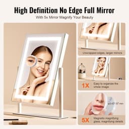 image-VEVOR Vanity Mirror with Lights, Three Color Lighting Modes, Lighted Makeup LED Mirror, and 5X Magnification Mirror, Smart Touch Control, 360°Rotation (16.1x11.8 in, White)