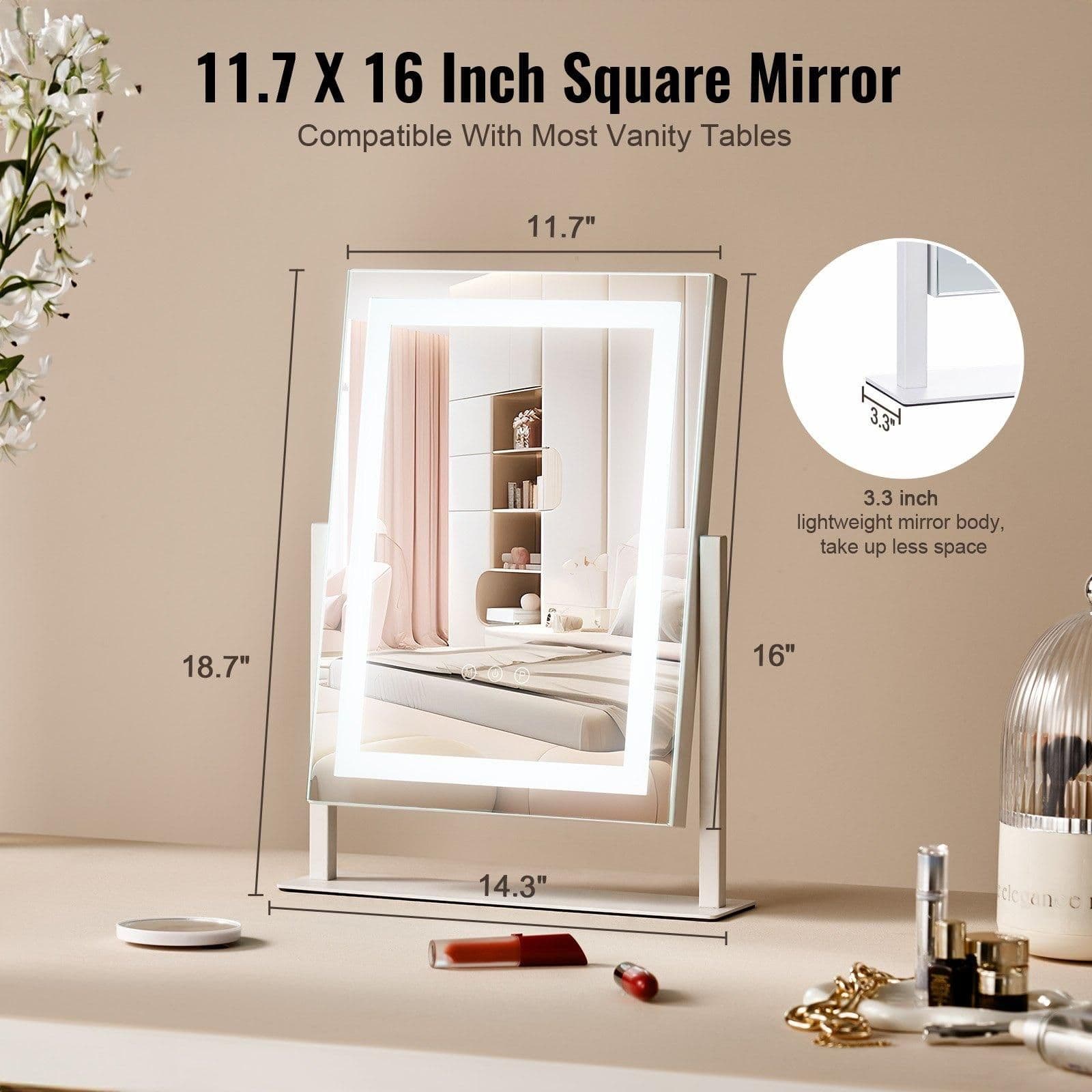 image-VEVOR Vanity Mirror with Lights, Three Color Lighting Modes, Lighted Makeup LED Mirror, and 5X Magnification Mirror, Smart Touch Control, 360°Rotation (16.1x11.8 in, White)
