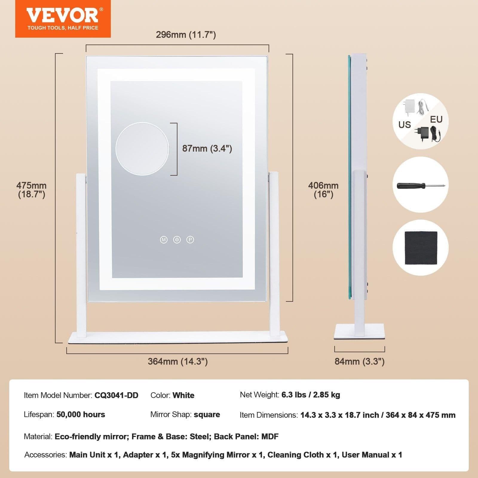 image-VEVOR Vanity Mirror with Lights, Three Color Lighting Modes, Lighted Makeup LED Mirror, and 5X Magnification Mirror, Smart Touch Control, 360°Rotation (16.1x11.8 in, White)