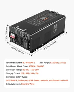 image-VEVOR Pure Sine Wave Inverter Charger, 4000 Watt, DC 24V to AC 120V Power Inverter with LCD Display, Remote Control, Solar Inverter for Off-Grid Solar RV Boat Home, Compatible with Various Batteries