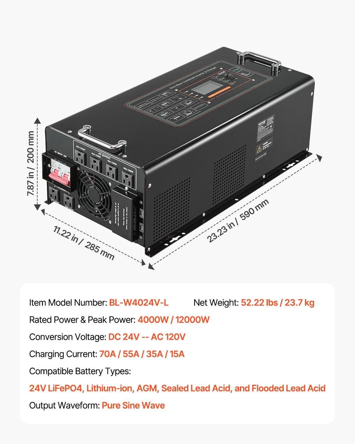 image-VEVOR Pure Sine Wave Inverter Charger, 4000 Watt, DC 24V to AC 120V Power Inverter with LCD Display, Remote Control, Solar Inverter for Off-Grid Solar RV Boat Home, Compatible with Various Batteries