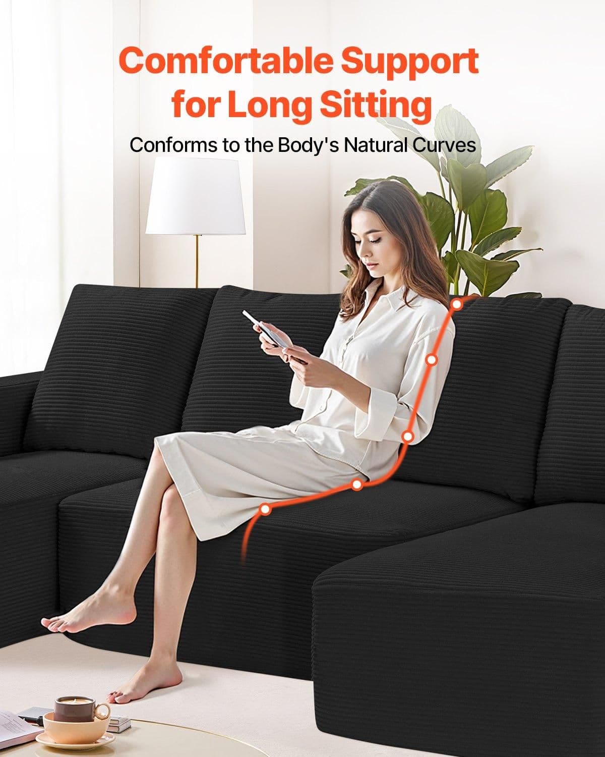 image-VEVOR Modular Sectional Sofa, U Shaped Modular Sofa with Chaise, Cloud Sectional Couch with High Rebound Sponge and Density, Upholstered Corduroy Couch with Cushion for Living Room, Bedroom, Black