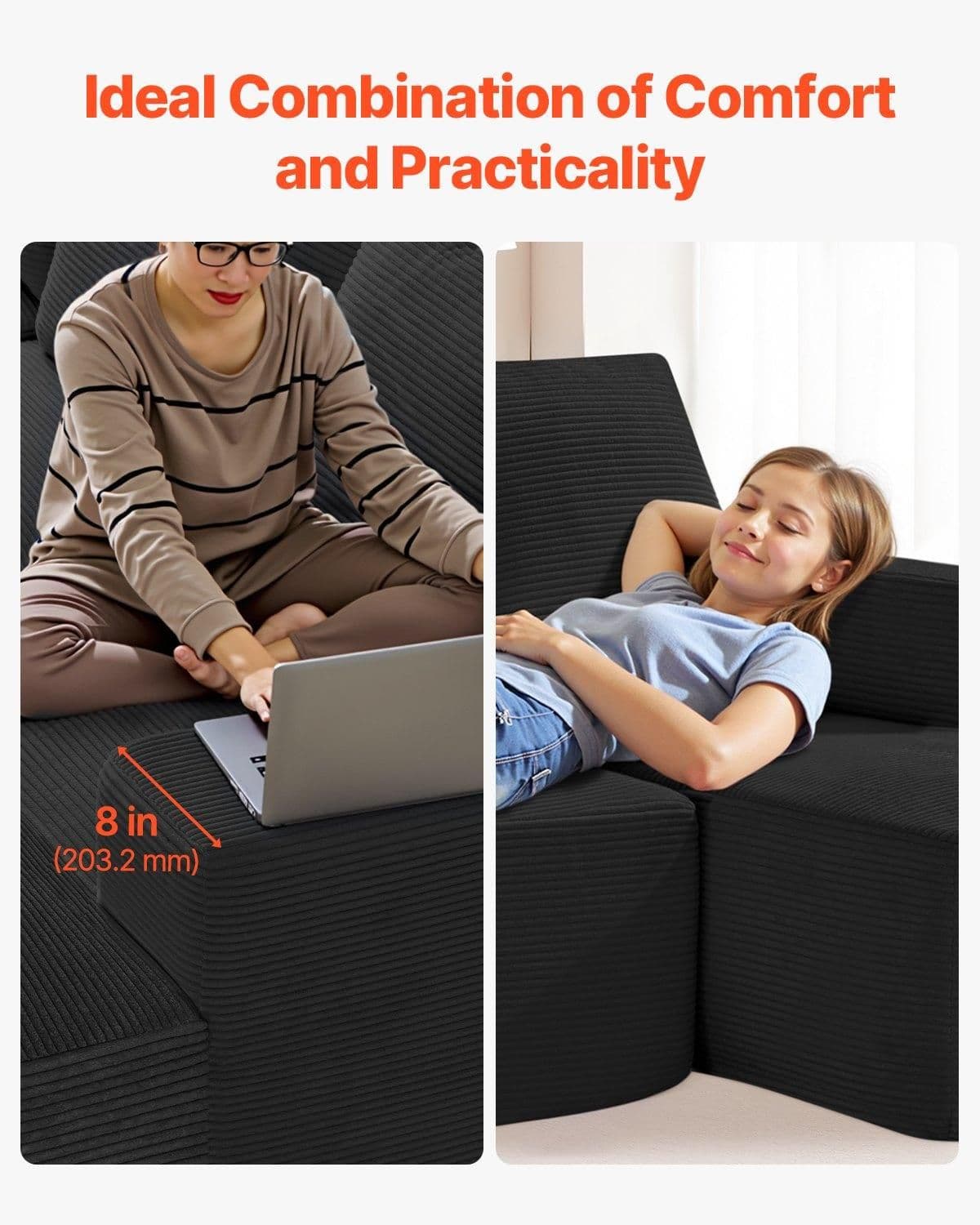 image-VEVOR Modular Sectional Sofa, U Shaped Modular Sofa with Chaise, Cloud Sectional Couch with High Rebound Sponge and Density, Upholstered Corduroy Couch with Cushion for Living Room, Bedroom, Black