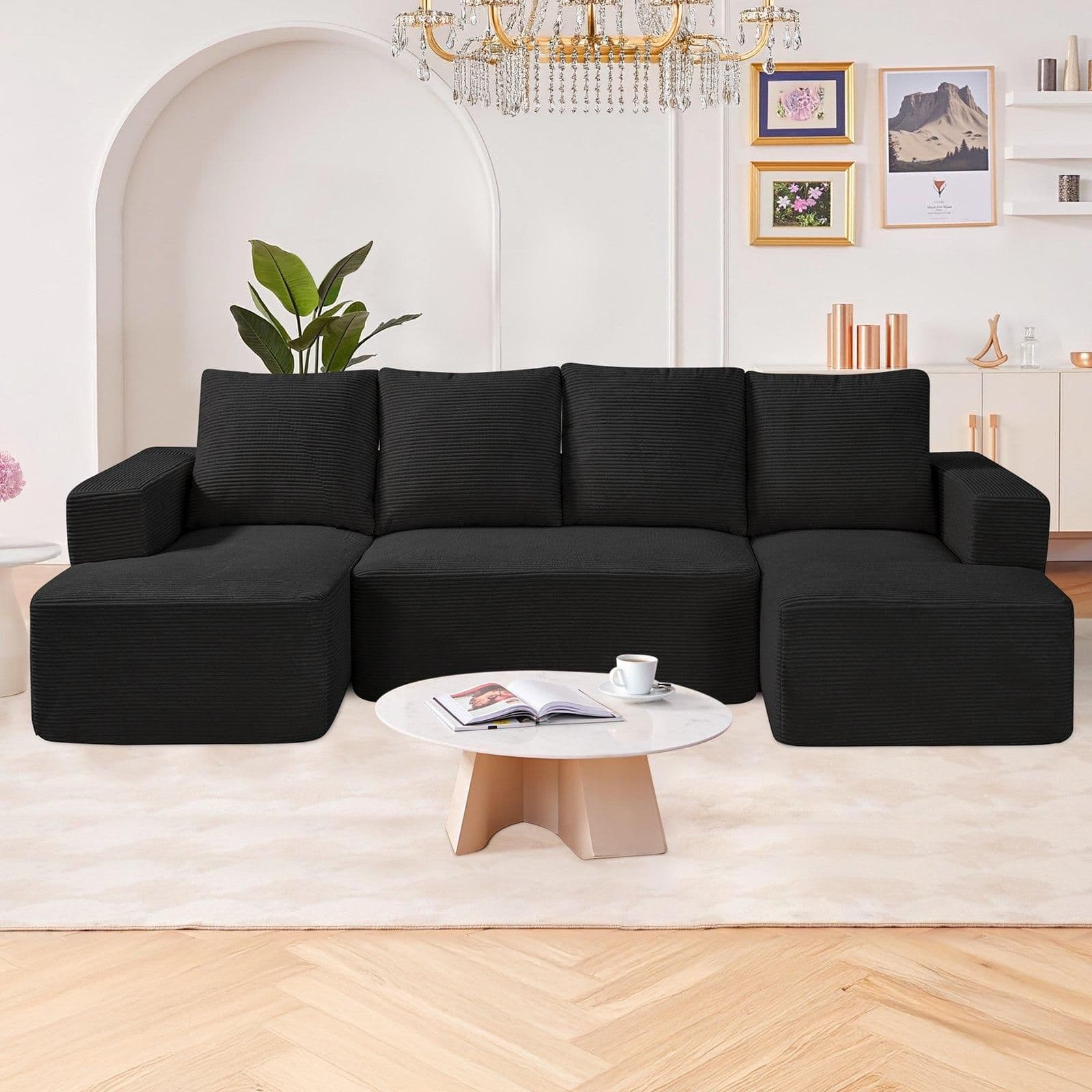 image-VEVOR Modular Sectional Sofa, U Shaped Modular Sofa with Chaise, Cloud Sectional Couch with High Rebound Sponge and Density, Upholstered Corduroy Couch with Cushion for Living Room, Bedroom, Black