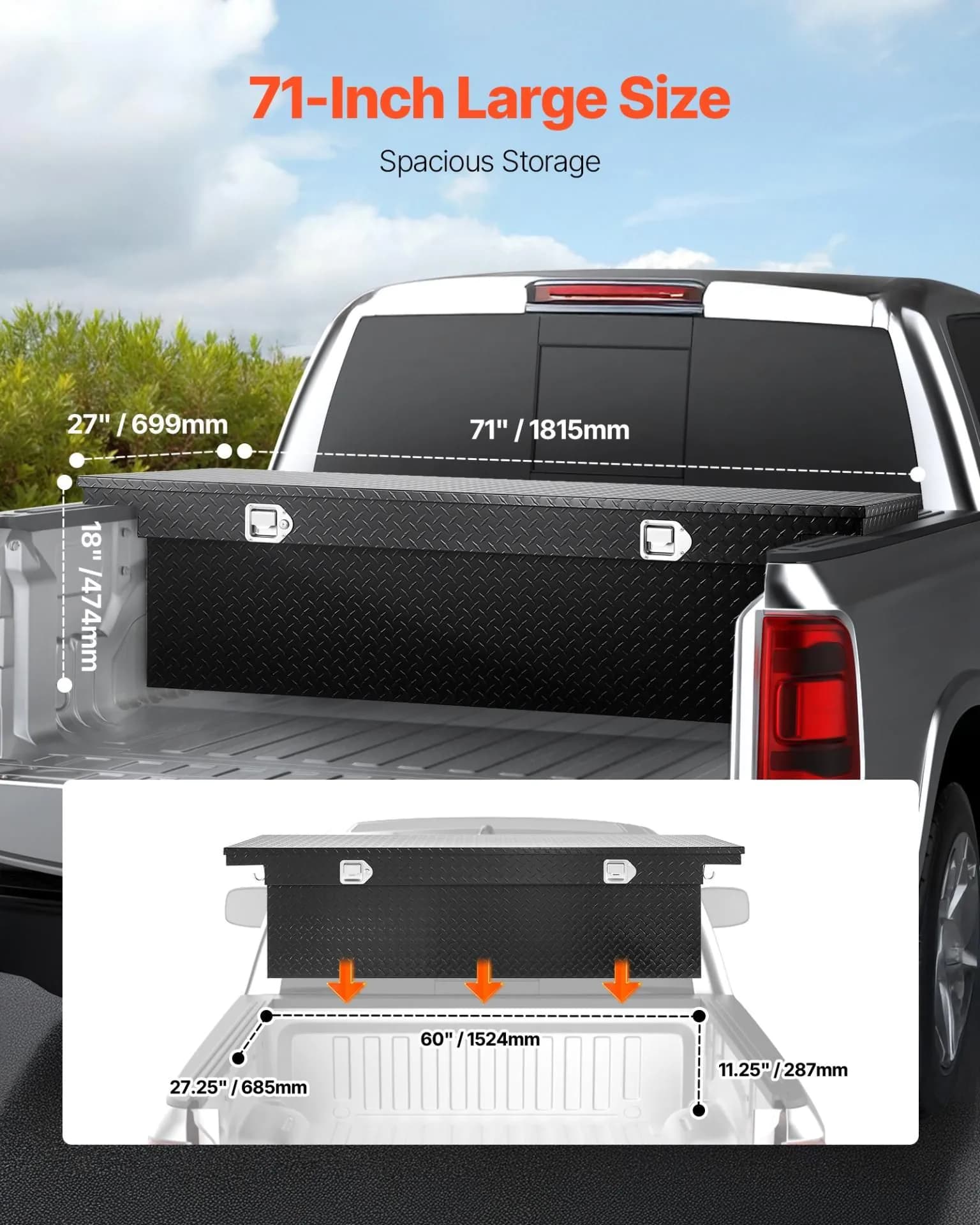 image-VEVOR Crossover Truck Tool Box, 71x27x18 In, Heavy Duty Aluminum Toolbox with Diamond Texture, Pick Up Truck Bed RV Trailer Toolbox, Waterproof Storage Organizer with Lock, Keys, Side Handles, Black