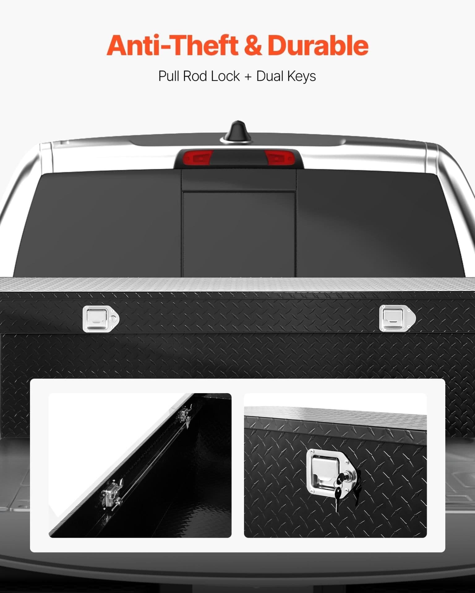 image-VEVOR Crossover Truck Tool Box, 71x27x18 In, Heavy Duty Aluminum Toolbox with Diamond Texture, Pick Up Truck Bed RV Trailer Toolbox, Waterproof Storage Organizer with Lock, Keys, Side Handles, Black