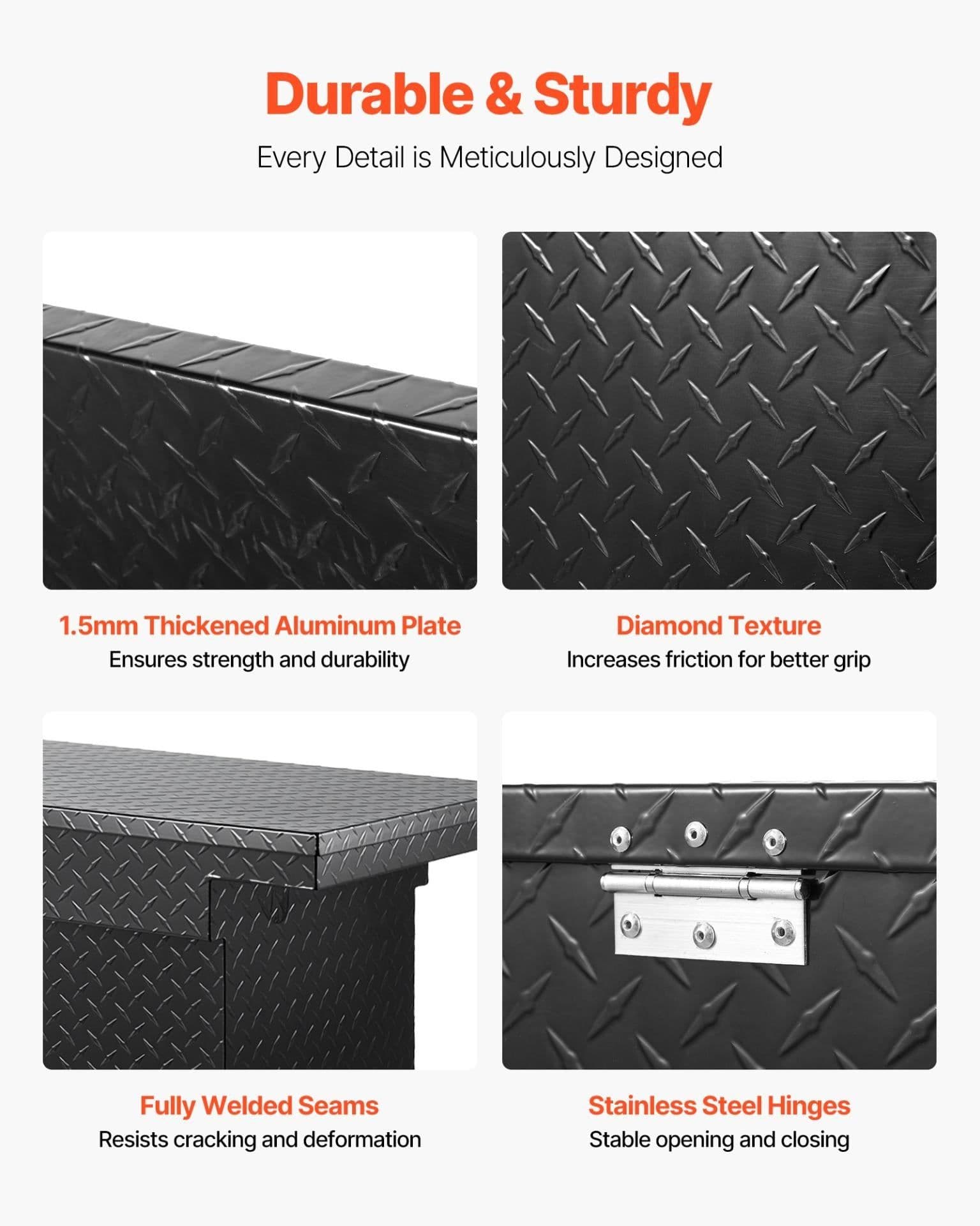 image-VEVOR Crossover Truck Tool Box, 72x20x14 In, Heavy Duty Aluminum Toolbox with Diamond Texture, Pick Up Truck Bed RV Trailer Toolbox, Waterproof Storage Organizer with Lock, Keys, Side Handles, Black