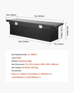 image-VEVOR Crossover Truck Tool Box, 72x20x14 In, Heavy Duty Aluminum Toolbox with Diamond Texture, Pick Up Truck Bed RV Trailer Toolbox, Waterproof Storage Organizer with Lock, Keys, Side Handles, Black