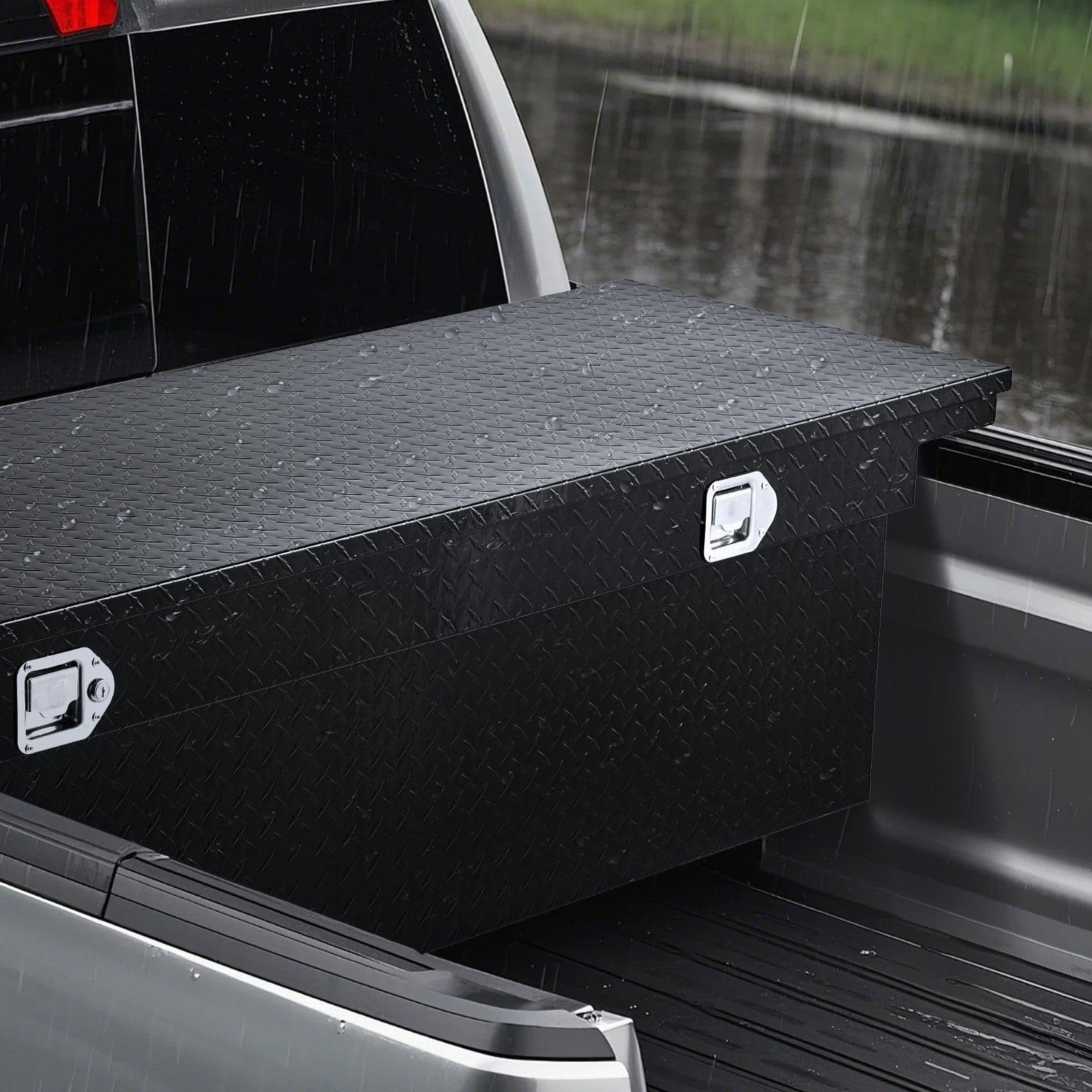 image-VEVOR Crossover Truck Tool Box, 72x20x14 In, Heavy Duty Aluminum Toolbox with Diamond Texture, Pick Up Truck Bed RV Trailer Toolbox, Waterproof Storage Organizer with Lock, Keys, Side Handles, Black
