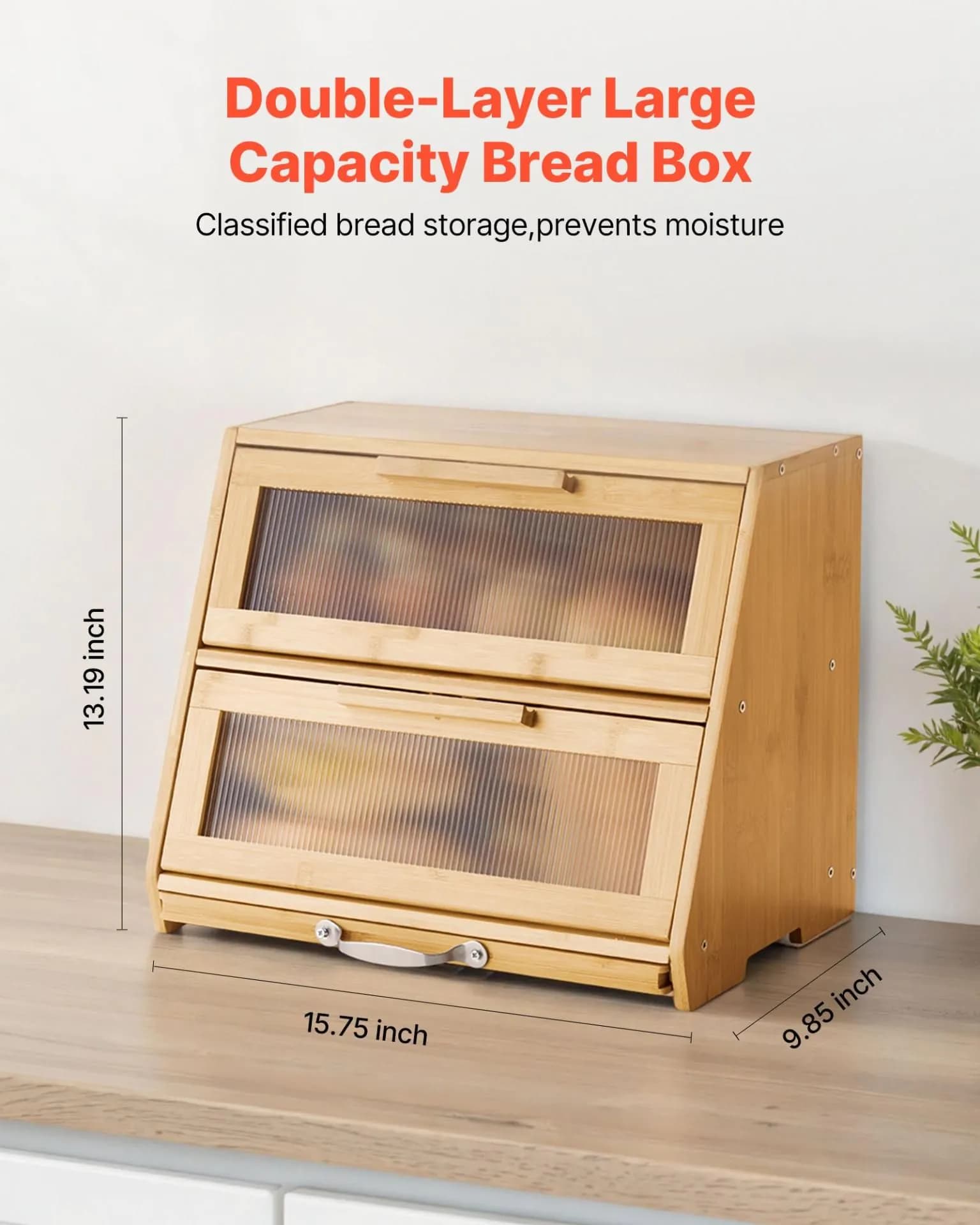 image-VEVOR Double Layer Bread Box for Kitchen Counter, Large Capacity Bamboo Bread Storage Container, Farmhouse Wooden Breadbox for Homemade Bread, Storage Holder Bin with Acrylic Wavy Door Panel, Natural