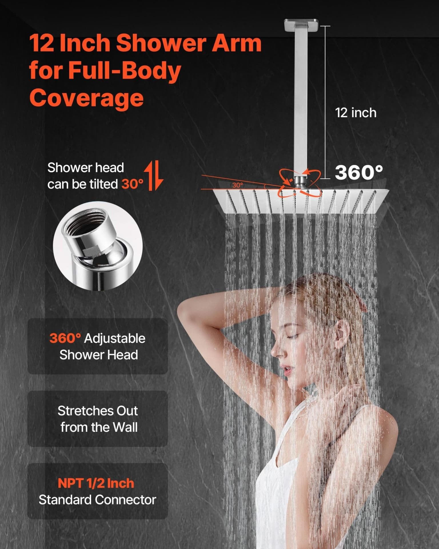 image-VEVOR Shower Faucet Set, Rainfall Bathroom Shower System with 12-Inch Square Rain Shower Head and Handheld Spray, Ceiling Mount Bath Fixtures with Brass Valve and Trim Kit, Brushed Nickel