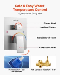 image-VEVOR Shower Faucet Set, Rainfall Bathroom Shower System with 12-Inch Square Rain Shower Head and Handheld Spray, Ceiling Mount Bath Fixtures with Brass Valve and Trim Kit, Brushed Nickel