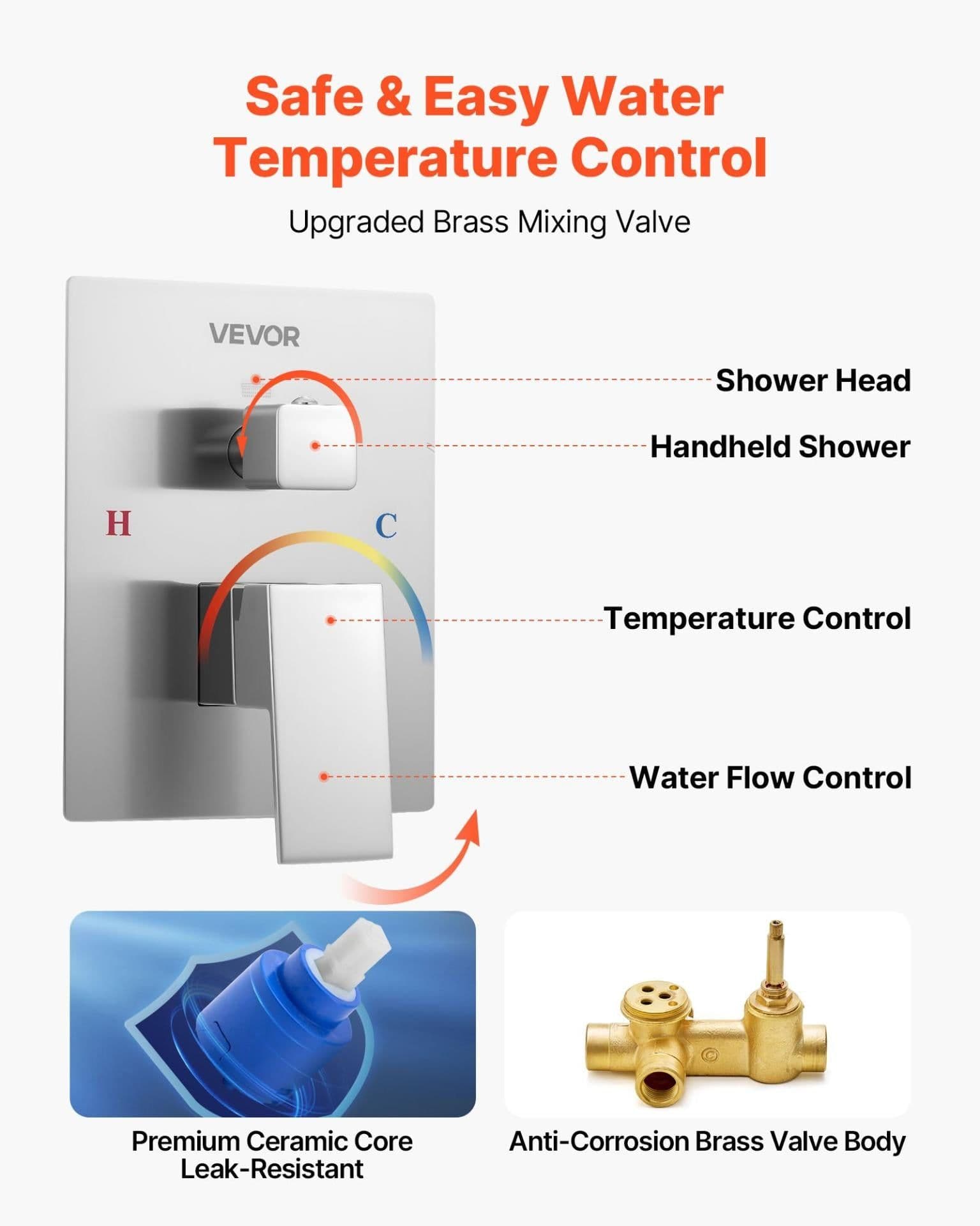 image-VEVOR Shower Faucet Set, Rainfall Bathroom Shower System with 12-Inch Square Rain Shower Head and Handheld Spray, Ceiling Mount Bath Fixtures with Brass Valve and Trim Kit, Brushed Nickel