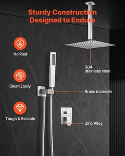 image-VEVOR Shower Faucet Set, Rainfall Bathroom Shower System with 12-Inch Square Rain Shower Head and Handheld Spray, Ceiling Mount Bath Fixtures with Brass Valve and Trim Kit, Brushed Nickel