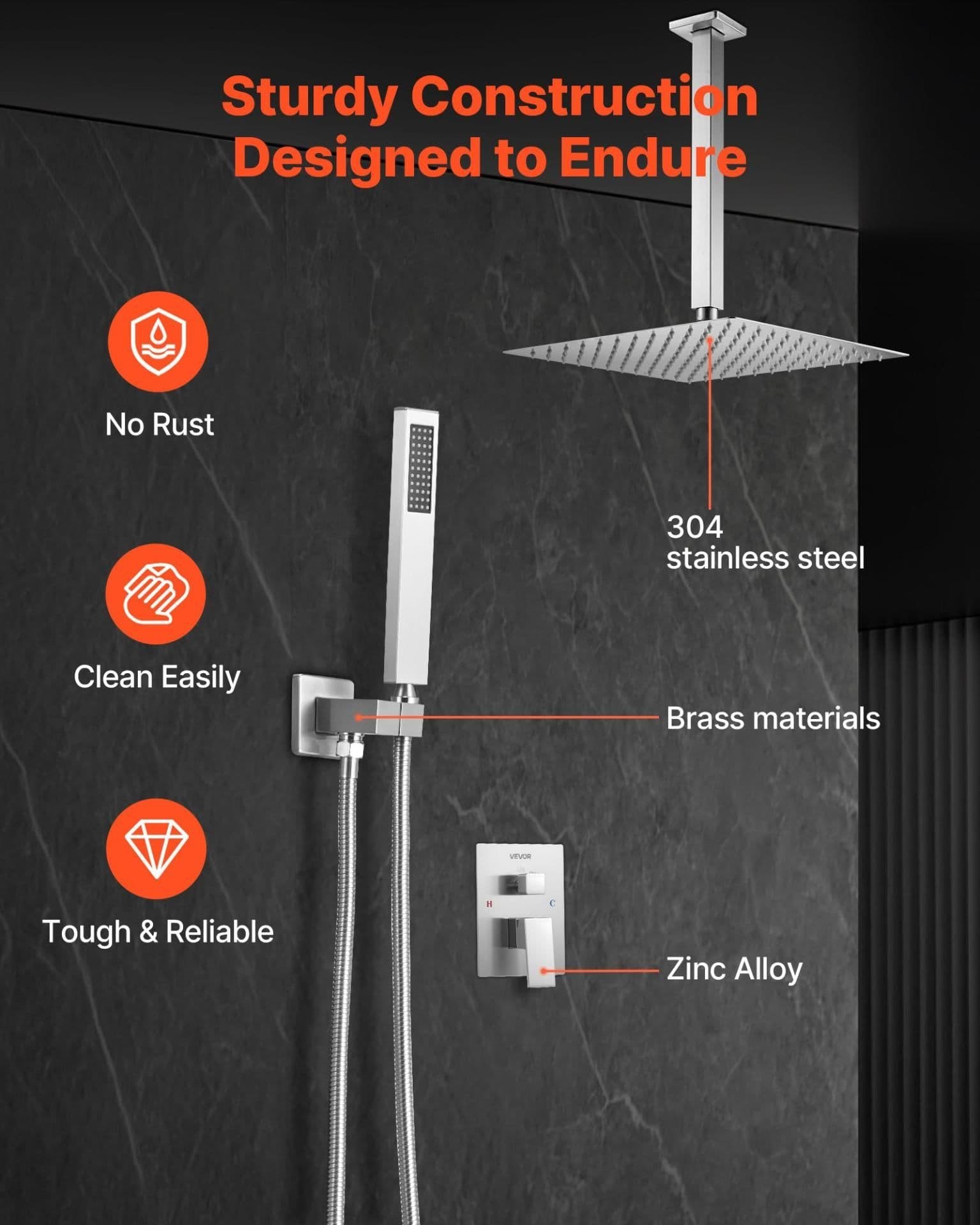 image-VEVOR Shower Faucet Set, Rainfall Bathroom Shower System with 12-Inch Square Rain Shower Head and Handheld Spray, Ceiling Mount Bath Fixtures with Brass Valve and Trim Kit, Brushed Nickel