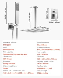 image-VEVOR Shower Faucet Set, Rainfall Bathroom Shower System with 12-Inch Square Rain Shower Head and Handheld Spray, Ceiling Mount Bath Fixtures with Brass Valve and Trim Kit, Brushed Nickel