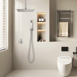 image-VEVOR Shower Faucet Set, Rainfall Bathroom Shower System with 12-Inch Square Rain Shower Head and Handheld Spray, Ceiling Mount Bath Fixtures with Brass Valve and Trim Kit, Brushed Nickel