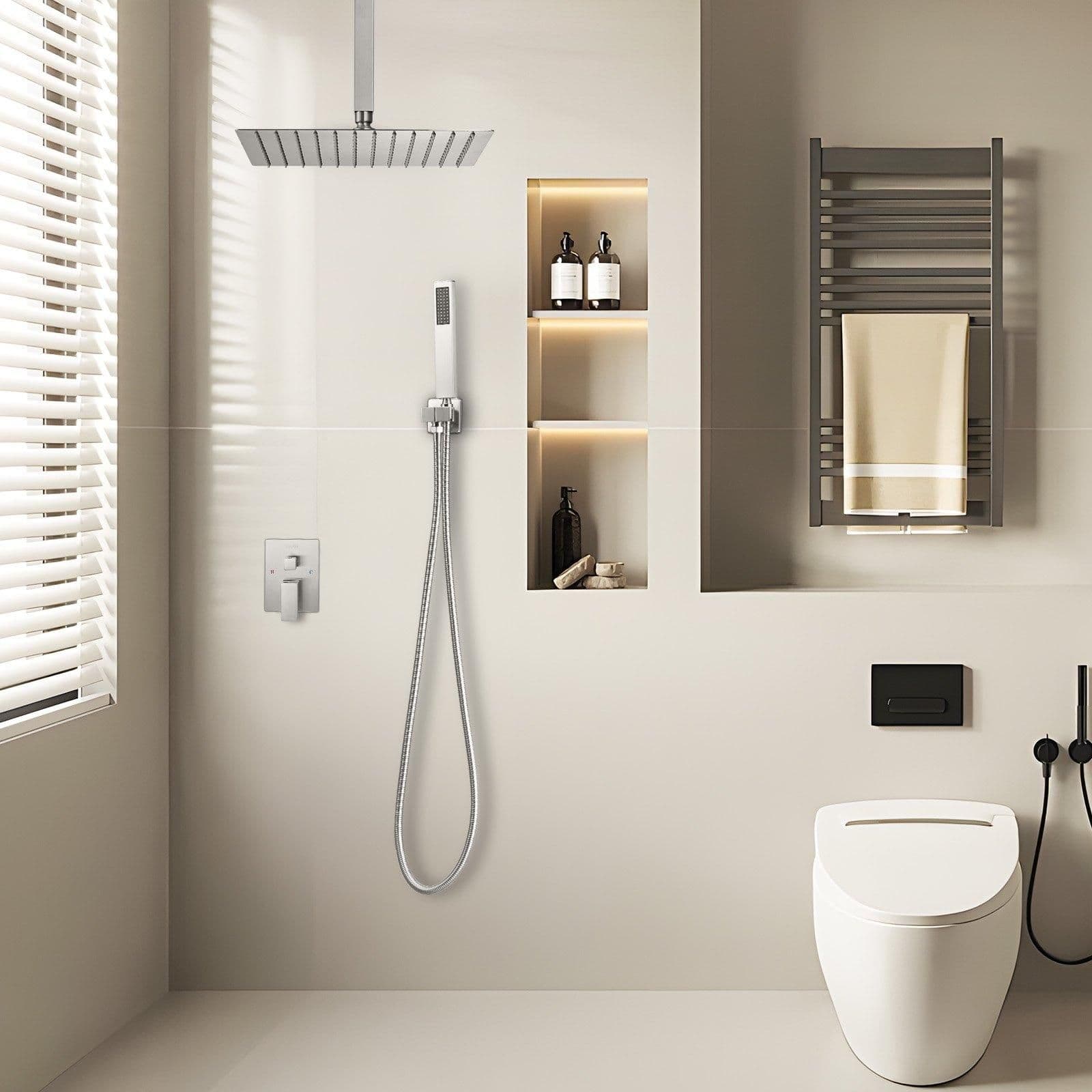 image-VEVOR Shower Faucet Set, Rainfall Bathroom Shower System with 12-Inch Square Rain Shower Head and Handheld Spray, Ceiling Mount Bath Fixtures with Brass Valve and Trim Kit, Brushed Nickel
