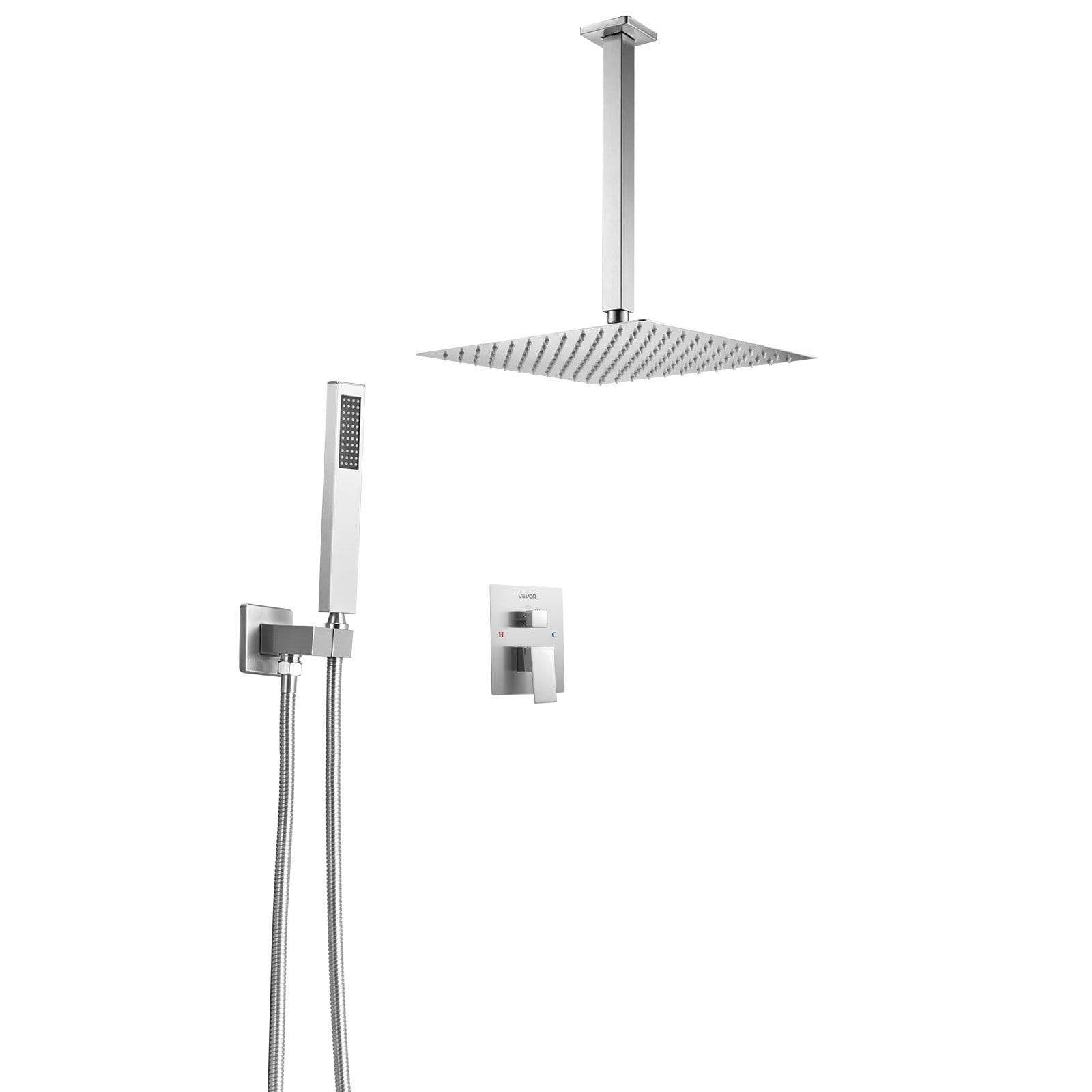 image-VEVOR Shower Faucet Set, Rainfall Bathroom Shower System with 12-Inch Square Rain Shower Head and Handheld Spray, Ceiling Mount Bath Fixtures with Brass Valve and Trim Kit, Brushed Nickel