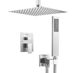 image-VEVOR Shower Faucet Set, Rainfall Bathroom Shower System with 12-Inch Square Rain Shower Head and Handheld Spray, Ceiling Mount Bath Fixtures with Brass Valve and Trim Kit, Brushed Nickel