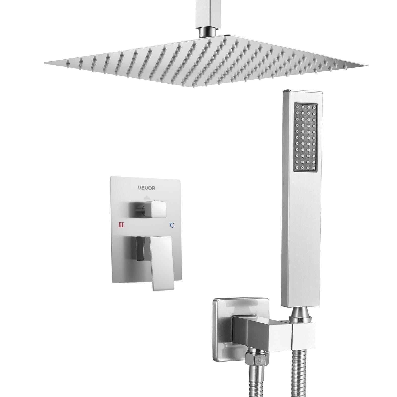 image-VEVOR Shower Faucet Set, Rainfall Bathroom Shower System with 12-Inch Square Rain Shower Head and Handheld Spray, Ceiling Mount Bath Fixtures with Brass Valve and Trim Kit, Brushed Nickel