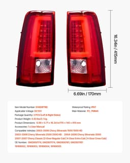 image-VEVOR Tail Light Assembly Compatible with 2003-2006 Chevy Silverado 1500 1500 HD 2500 2500 HD 3500, 2007-2007 Chevy Classic, 2PCS Driver & Passenger Side LED Taillight Brake Lamps with Bulbs, Red