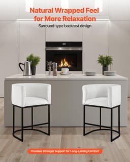 image-VEVOR Bar Stool Set of 3, 25 inch Counter Height Stools, Counter Barstool with Backrest, Arm, Metal Frame, and Footrest, Accent Fabric Bar Chair, Island Barstools for Kitchen, Dining Room, White