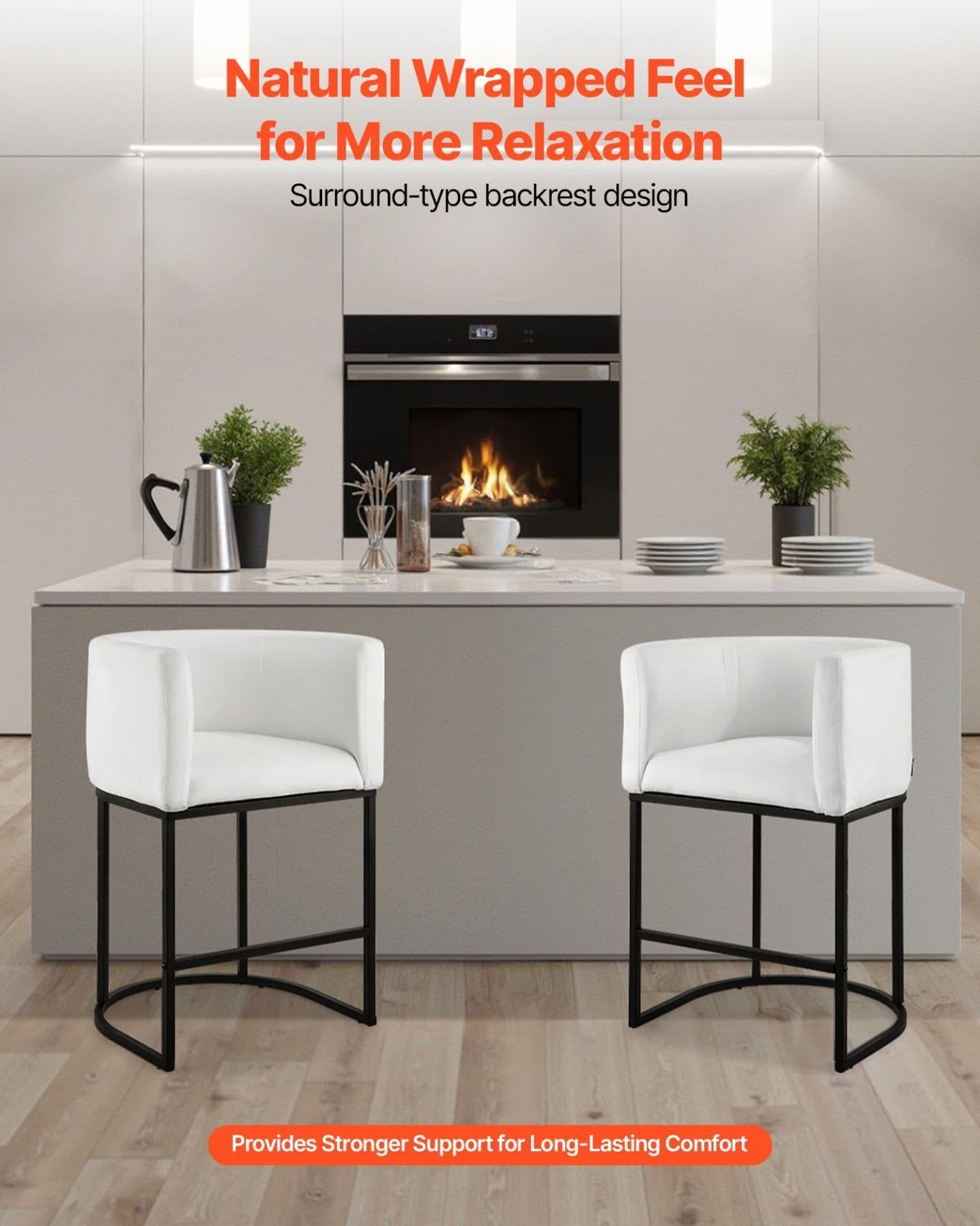image-VEVOR Bar Stool Set of 3, 25 inch Counter Height Stools, Counter Barstool with Backrest, Arm, Metal Frame, and Footrest, Accent Fabric Bar Chair, Island Barstools for Kitchen, Dining Room, White