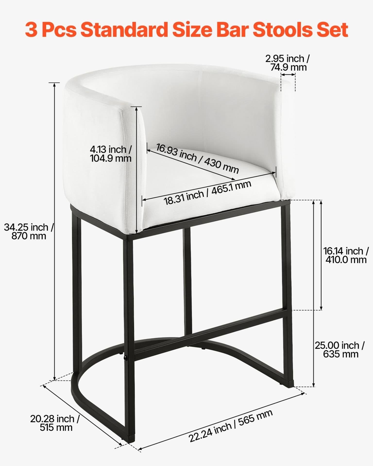 image-VEVOR Bar Stool Set of 3, 25 inch Counter Height Stools, Counter Barstool with Backrest, Arm, Metal Frame, and Footrest, Accent Fabric Bar Chair, Island Barstools for Kitchen, Dining Room, White