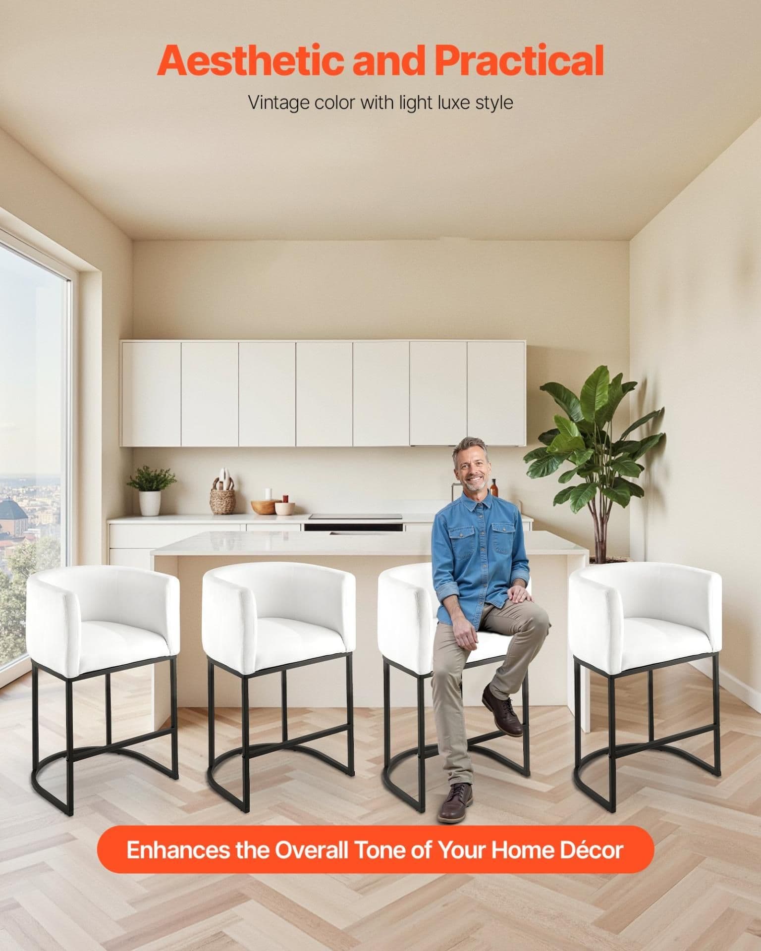 image-VEVOR Bar Stool Set of 3, 25 inch Counter Height Stools, Counter Barstool with Backrest, Arm, Metal Frame, and Footrest, Accent Fabric Bar Chair, Island Barstools for Kitchen, Dining Room, White