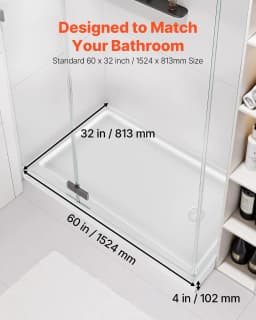 image-VEVOR Shower Pan, 60″ L x 32″ W Single Threshold Shower Base, Rectangle Acrylic & PVC Showering Base in White, Slip-Resistant Showering Pan Bases with Drain & Cover for Bathroom, Right Drain Location