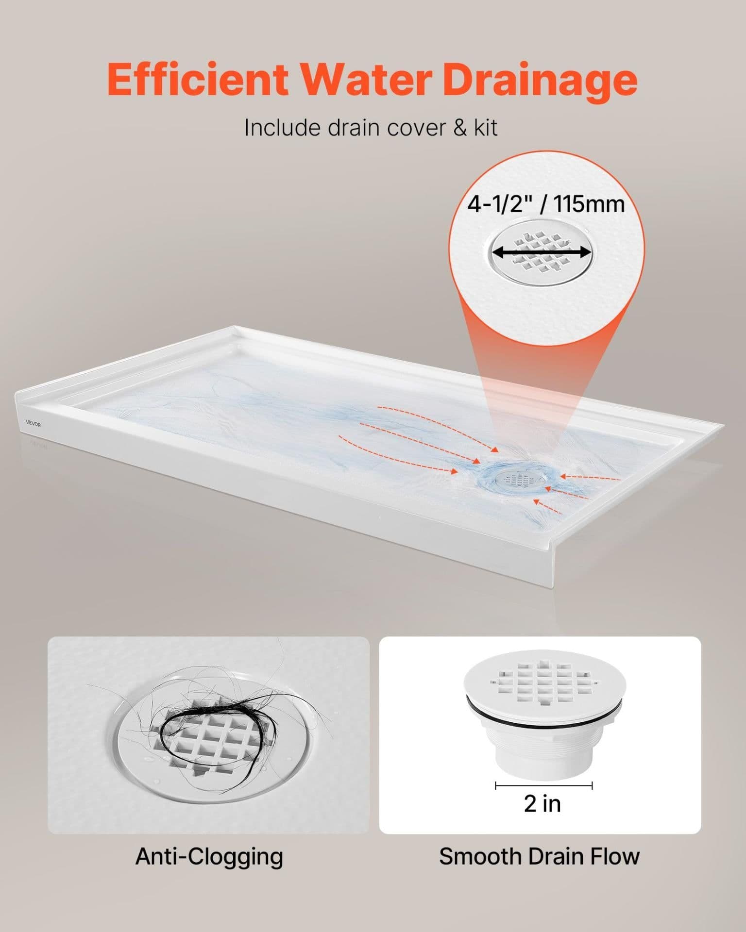 image-VEVOR Shower Pan, 60″ L x 32″ W Single Threshold Shower Base, Rectangle Acrylic & PVC Showering Base in White, Slip-Resistant Showering Pan Bases with Drain & Cover for Bathroom, Right Drain Location