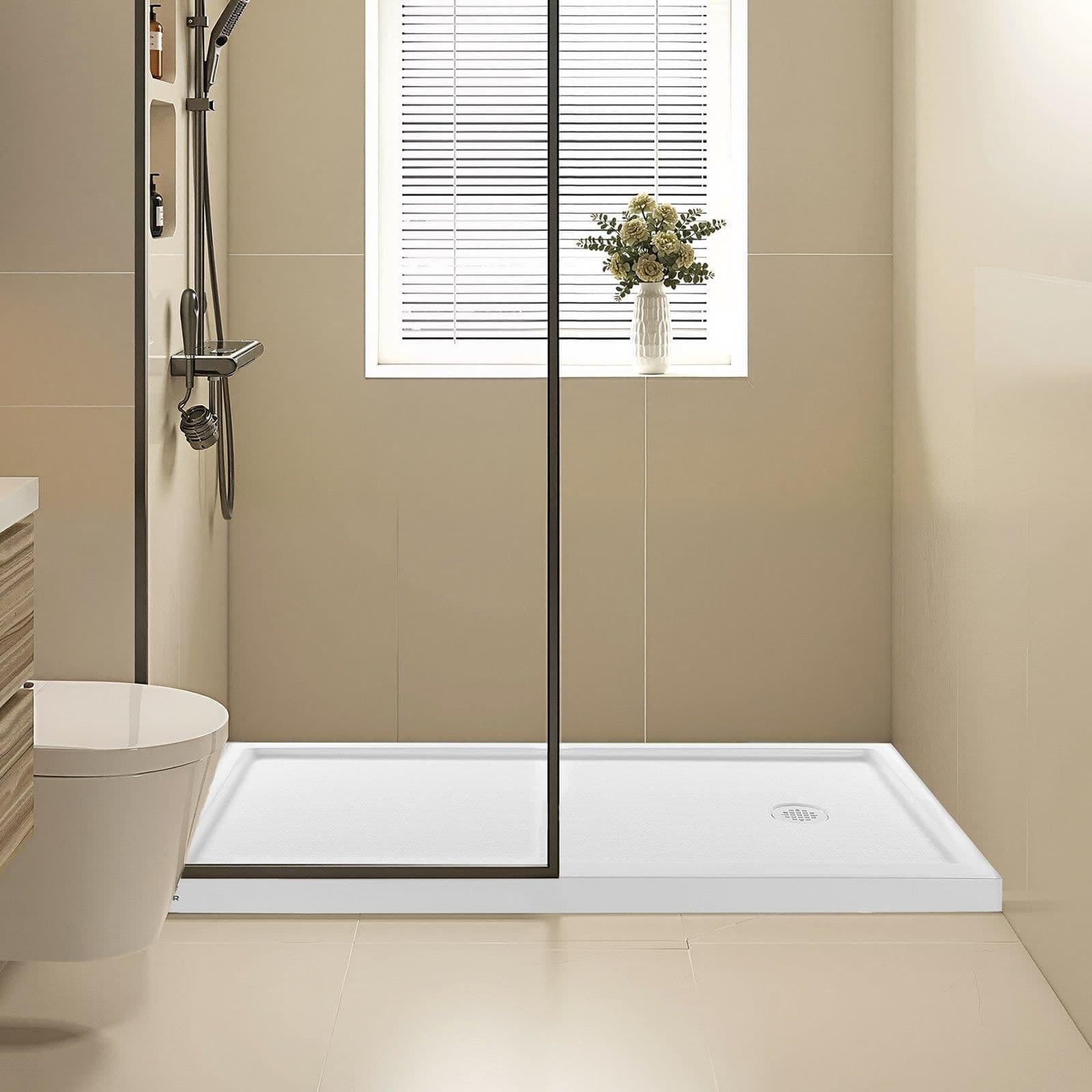 image-VEVOR Shower Pan, 60″ L x 32″ W Single Threshold Shower Base, Rectangle Acrylic & PVC Showering Base in White, Slip-Resistant Showering Pan Bases with Drain & Cover for Bathroom, Right Drain Location